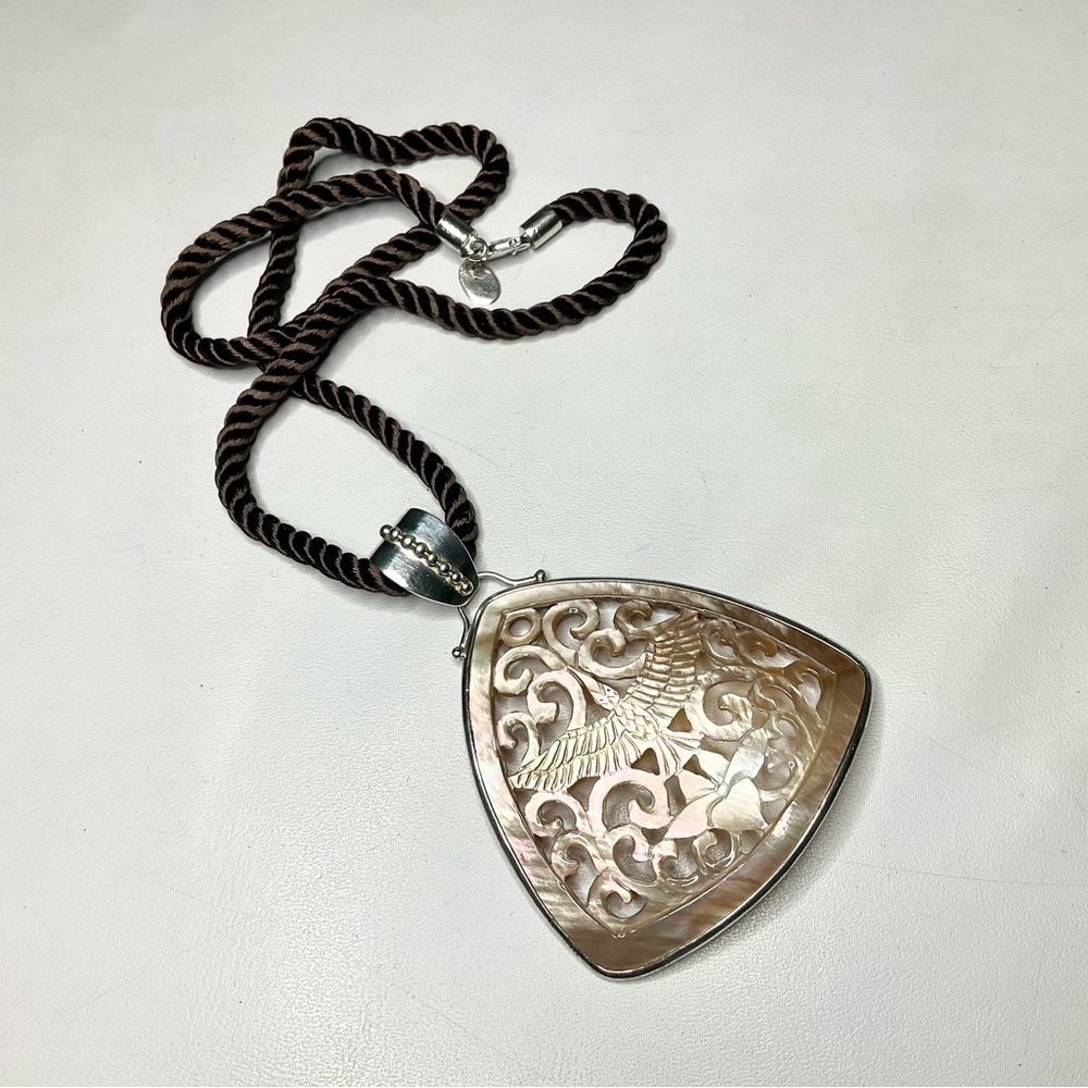 Sajen Sterling Carved MOP Shell Necklace Intricate Bird Flowers